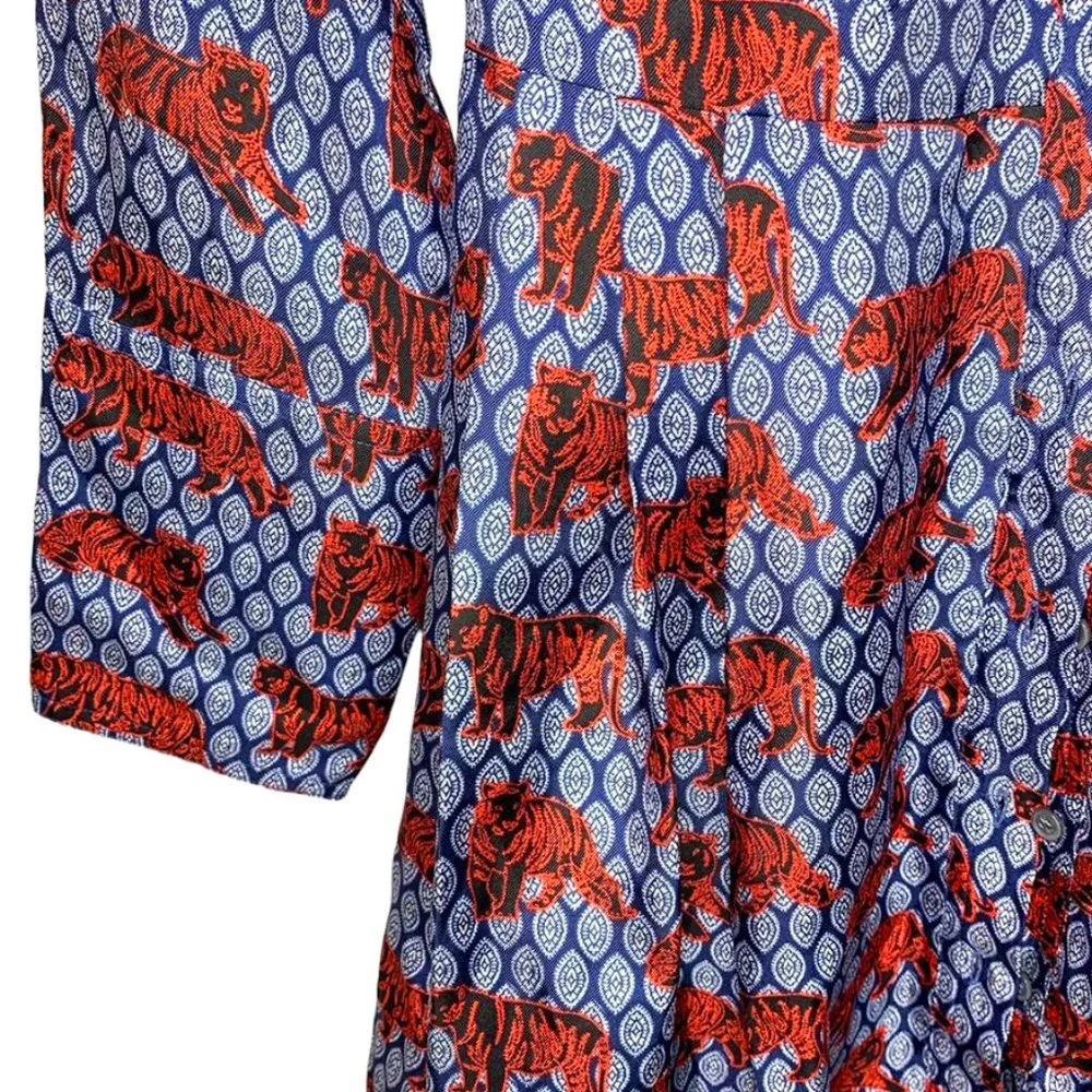 *SOLD* J. CREW COLLECTION BLUE ROAMING TIGER Silk Button Down Shirtdress - Picture 8 of 9